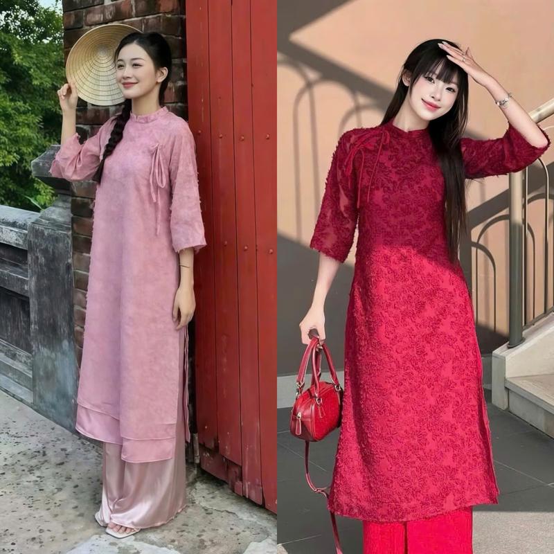 Áo dài hottrend, áo dài cách tân nữ, áo dài mặc Tết Gấm lông vũ cao cấp 2 lớp, quần dài Tuyết Nhung cho chị em mặc đi chơi Tết, coffee, chụp ảnh xinh xắn, dễ thương