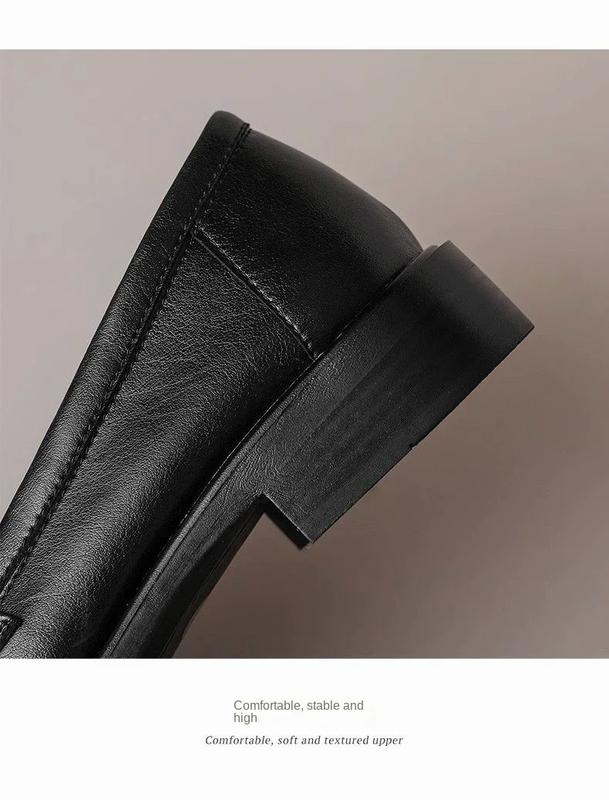 Product Introduction of Super Easy to Wear ~ Real Soft Leather round Toe Vintage Chunky Heel Loafers Women's Spring and Autumn New British Leather Shoes Mid-Heel Shoes 7