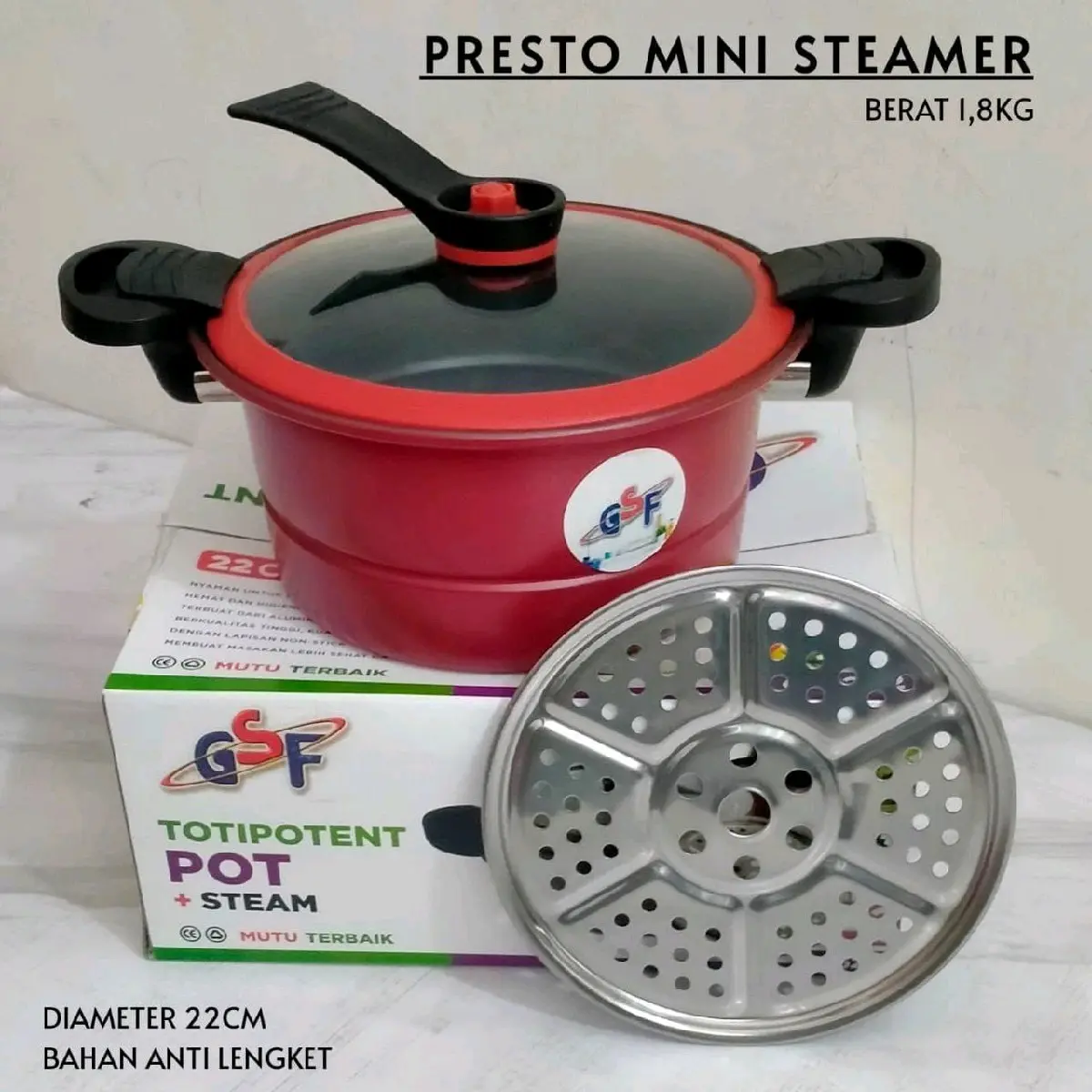 panci presto gsf dengan bahan enimel di lengkapi sarangan