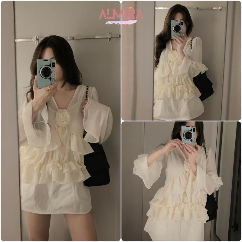  Sét Váy 3 Món Almira Roselle Gồm Áo Sơ Mi Tơ Bánh Bèo + Áo 2 Dây + Chân Váy Chữ A  Tặng Kèm Hoa Gài  