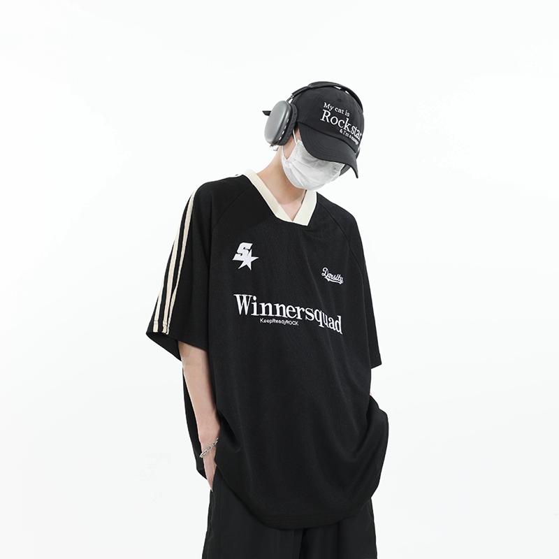 Product Introduction of Summer Heavy Embroidery American Retro V-neck Sports Casual Red Jersey Korean Short Sleeve Women's High Street Loose Couple T-shirt Fashion Brand Ins New Half Sleeve Men's Racing Clothes Top Black Basketball Shirt 13