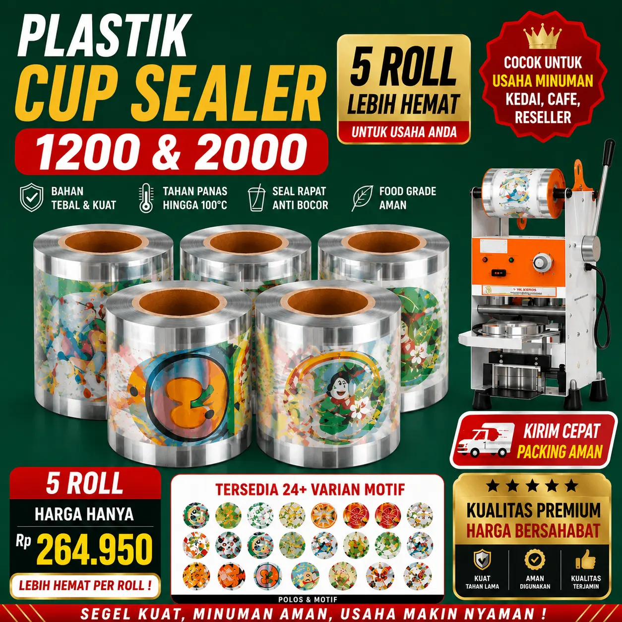 Paket Usaha Cupsealer ISI 5 rolls/Segel Gelas Cup Tebal Anti Bocor Plastik Food Grade 1200 & 2000pcs Polos Kartun Motif