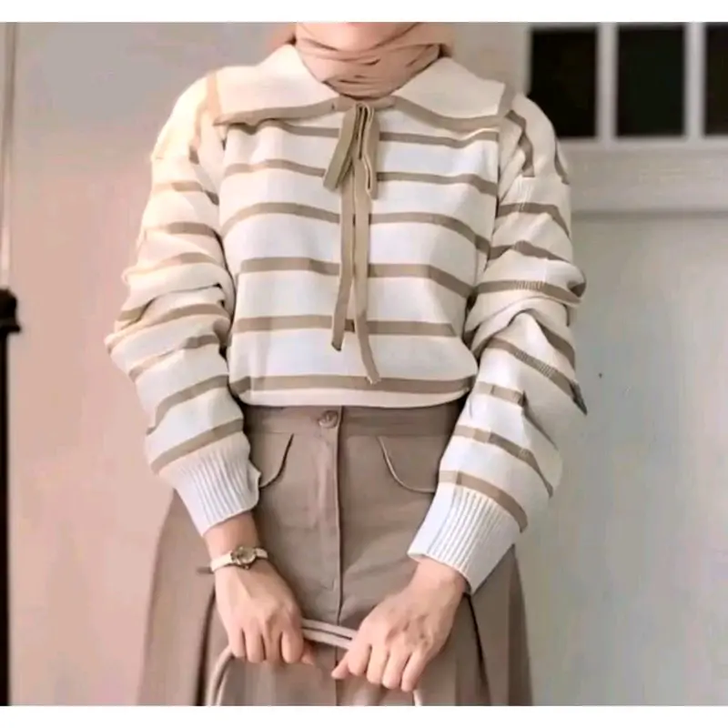 Atasan rajut wanita motif garis kera/blouse rajut wanita berkera Kerah 3