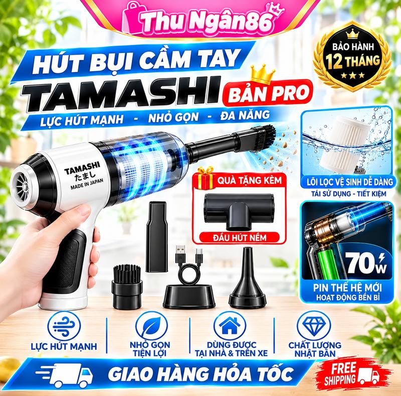 Máy Hút Bụi Cầm Tay Mini Không Dây TAMASHIO Nhật Bản 6 Đầu Hút,Hút Bụi Ô Tô, Giường Nệm,Lông Thú Cưng Bảo Hành 12 Tháng