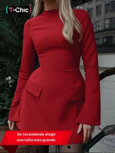 Vestido de mujer liso con manga con volante y detalle de solapa, corte en A, elegante vestido corto de manga larga con cuello alto para fiesta, vacaciones, invitada a boda, ropa de primavera y otoño para damas