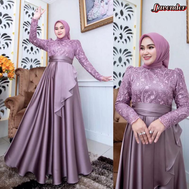Dress Pesta Satin Roberto Mix Brokat / Gamis Keluaran Terbaru / Dress Aplikasi Brokat / Dress Wanita Jumbo / Azura Maxy Dress Kondangan Mewah 2