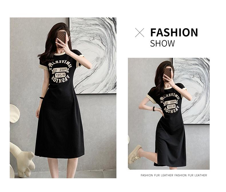 Product Introduction of Color blocked letter printed slit mid length T-shirt skirt 10