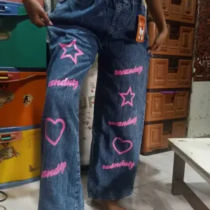 Celana Kulot Jeans Import Fashion Anak Perempuan Usia 4-12 Tahun Love Pink Printed Anak-Anak Wanita