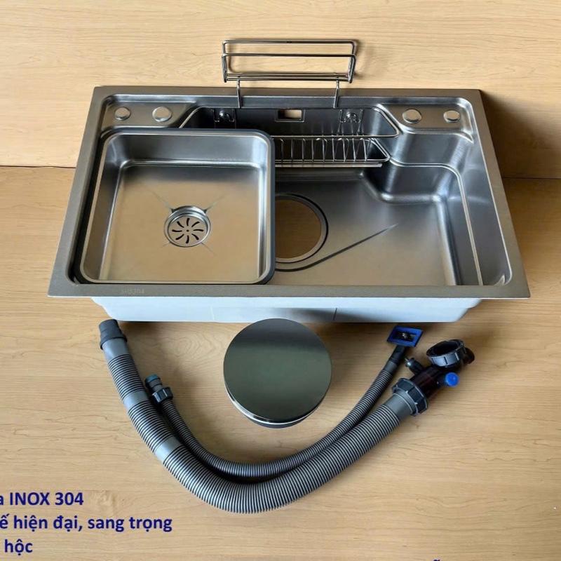   VIP  Chậu đúc inox 304 KT 80x50 thiết kế bán nguyệt đầy đủ phụ kiện hàng dày cao cấp 
