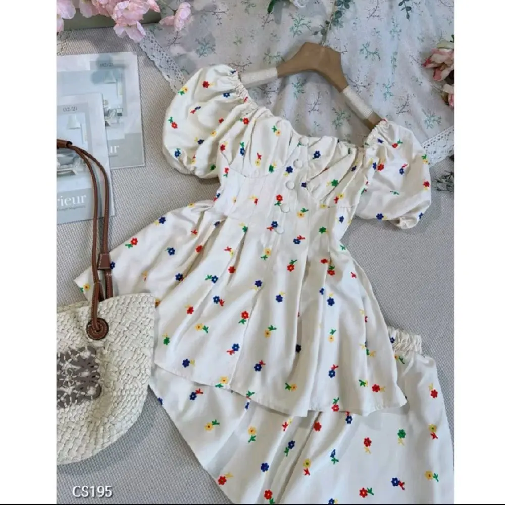 Set Áo Nút Bọc Tay Phồng Bo Chun Phía Sau Kèm Quần Có Túi Size S-M-L Chất Lụa Women -S1