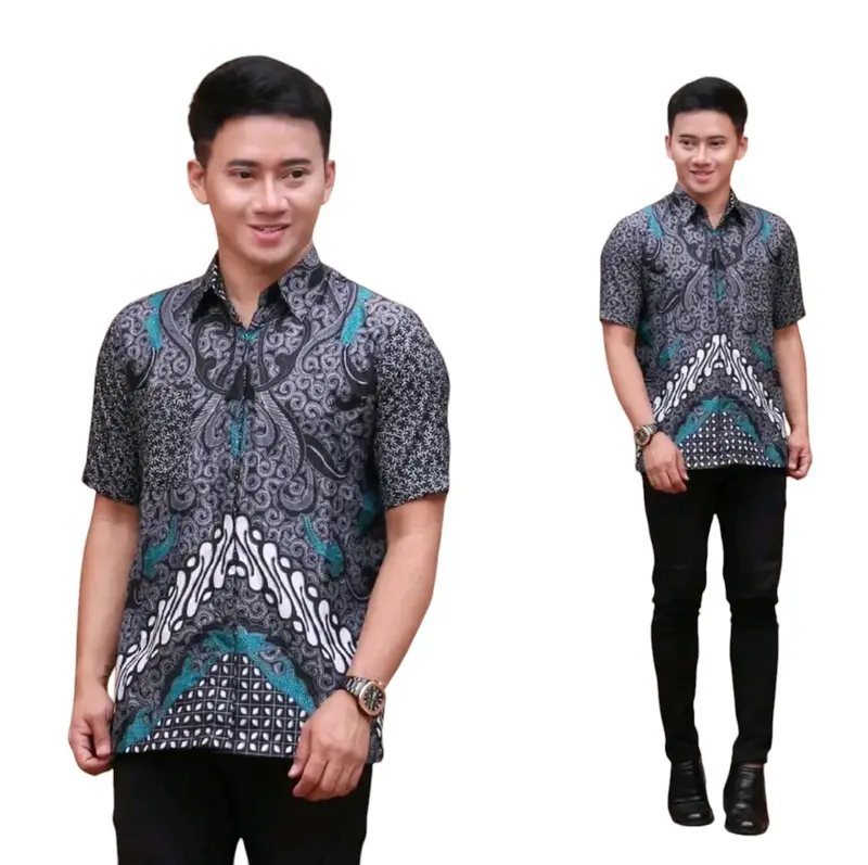 Kemeja Batik Lengan Pendek Pria Elegan Warna Abu-Abu // Motif Kekinian // Katun Halus dan Lembut 0
