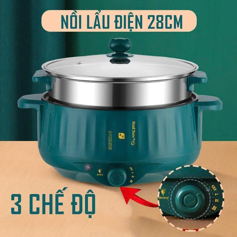 Nồi Lẩu Điện , Nồi Nấu Đa Năng Lẩu Mini , Mì Tôm , Chiên Xào Luộc Nắp Kính size 28cm - Mẫu 2025 HOT