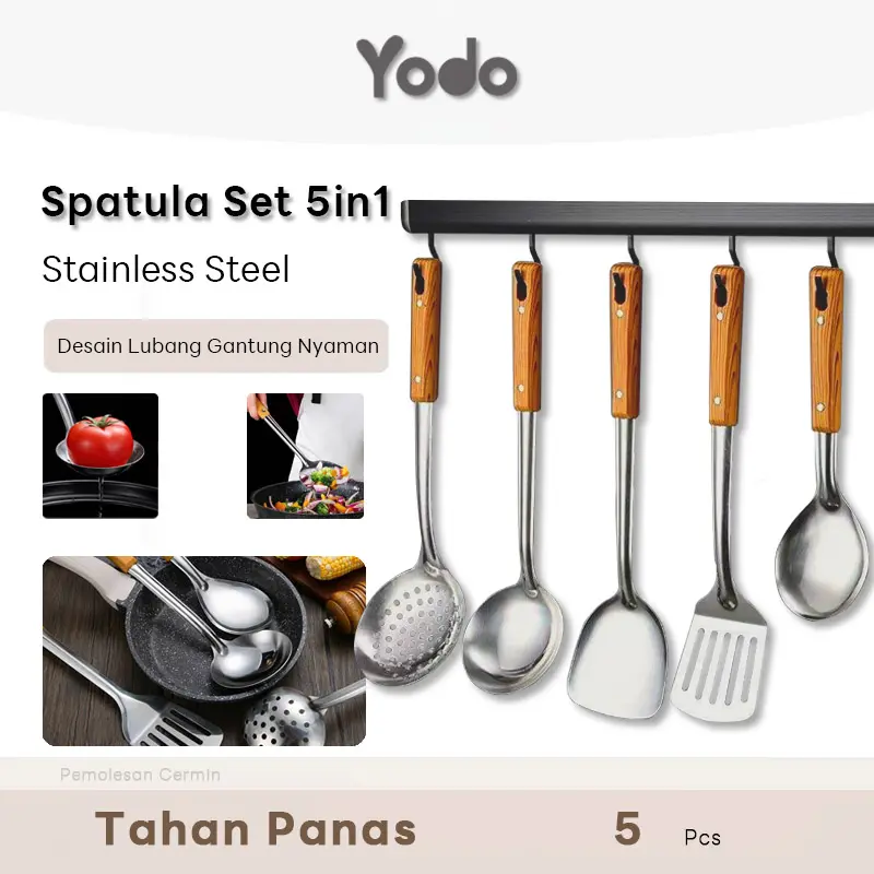 Spatula Set 5PCS Stainless Steel Gagang Kayu Anti Panas Anti Gores Panci Alat Masak Dapur Tahan Karat Multifungsi
