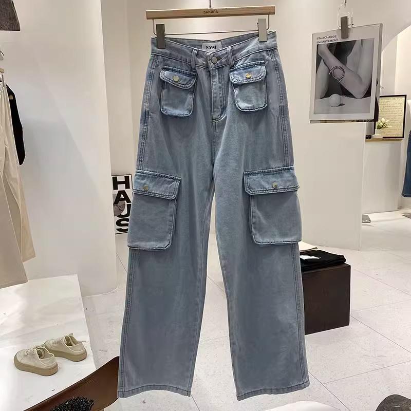 Product Introduction of Cargo Denim Biru mdua / hitam /Pasir Putih Highwaist Loose Celana Jeans Wanita Korea(realpict) 6