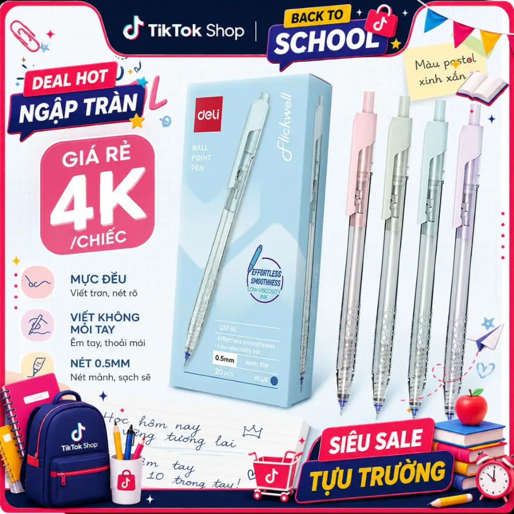 [DEAL SỐC 4K/C] Combo 10/20 Bút bi dầu màu pastel Deli EQ32 - Bút bi trơn mượt, khô nhanh, không nhòe, thoải mái viết thời gian dài - Mực xanh phù hợp học sinh, sinh viên, nhân viên văn phòng trình ký