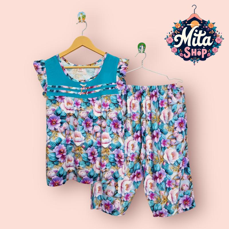 Đồ Bộ Nữ Quần Lửng Tay Cánh Tiên Phối Màu - Big Size 49-89kg - Chất Liệu Vải Tole 2 Da Mềm Mịn Thoáng Mát | Quần Áo Nữ Women