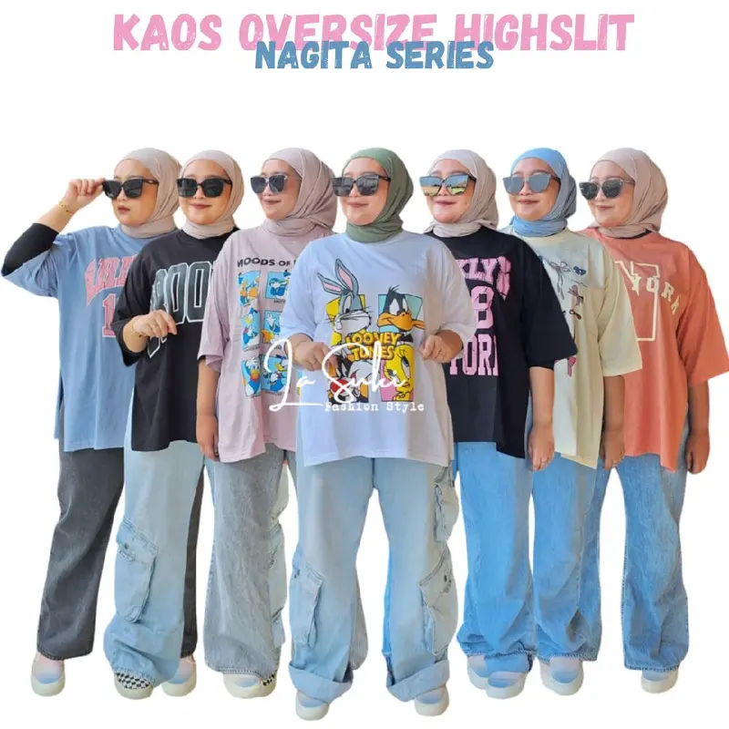 Kaos Oversize Nagita Bangkok Wanita Style Hijab Jumbo Kekinian 2025 Aesthetic Slit Samping Baju Belahan Tinggi t-shirt Atasan Cewek Korean Style Trend Bisa COD Santai combed Oblong Nyaman 0