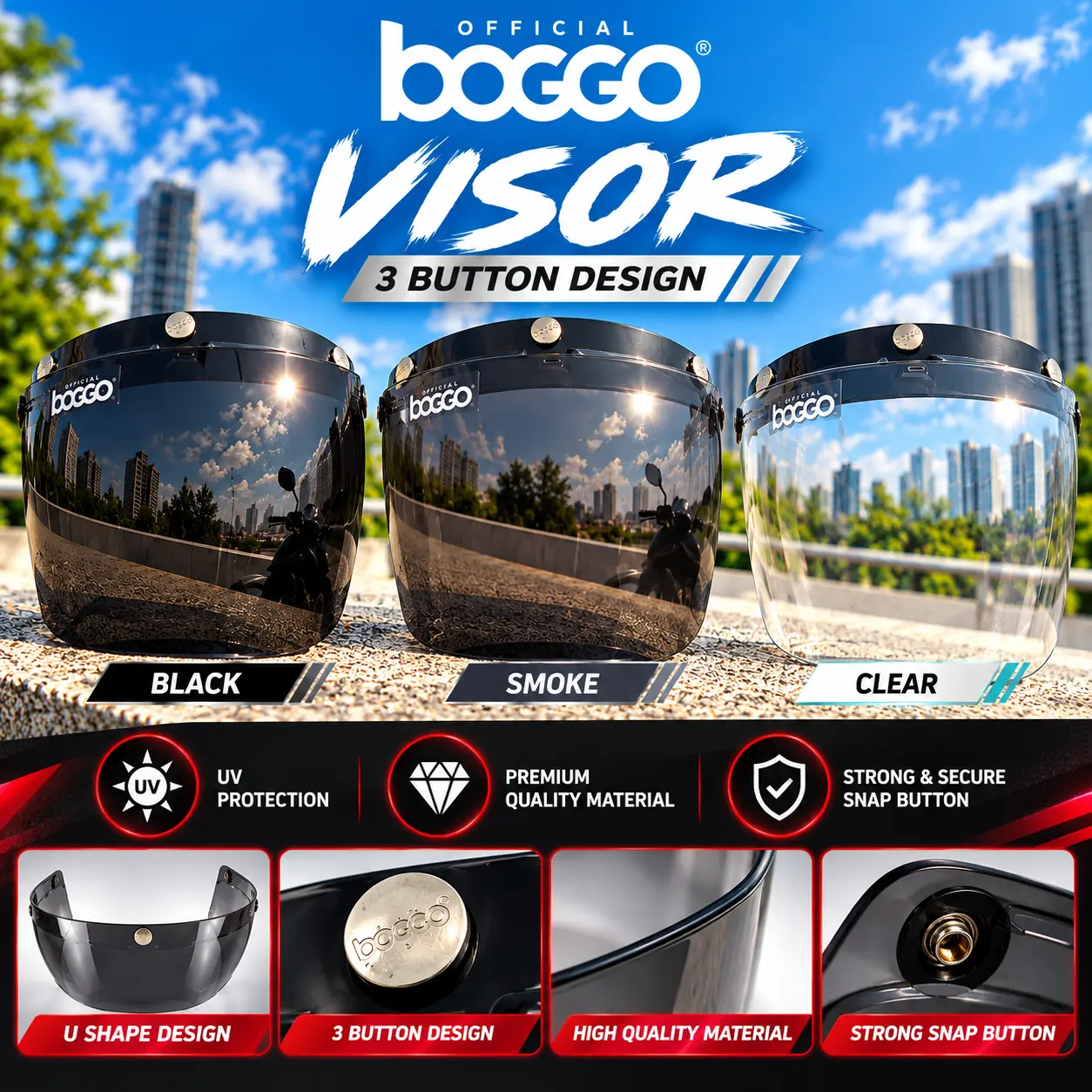 BOGGO VISOR 3 BUTTON BLACK SMOKE CLEAR & PURPLE RED BLUE YELLOW ORANGE CAP MHR MS88 APOLLO SGV S88 MS