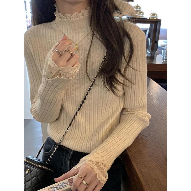  Áo Dệt Kim Dài Tay Cho Nữ Thời Trang Mùa Thu Phong Cách Hàn Quốc Mới Ren Nửa Cổ Lọ Mỏng Hoa Mai Top Trắng 