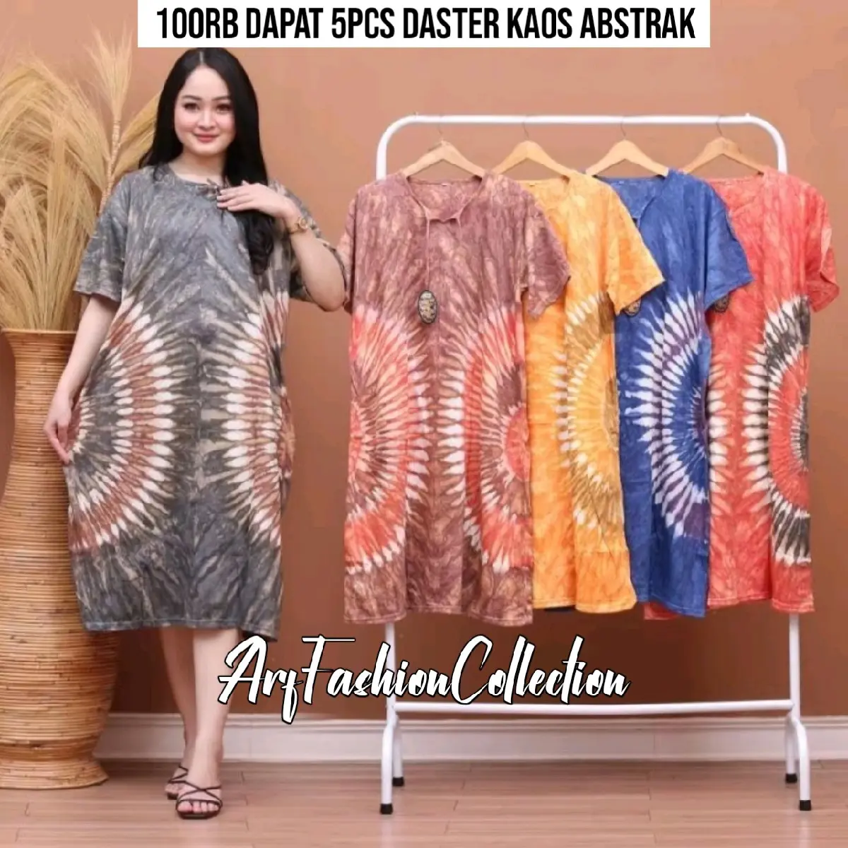 Paket Usaha 99ribu Dapat 5pcs Daster Kaos  Motif Abstrak Dewasa Jumbo Baju Dress Wanita Lengan Pendek Model Tali Depan Non Busui Panjang Bawah Lutut