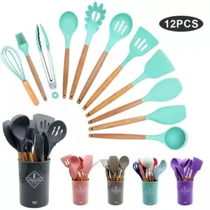 Barangunik2021 - Spatula Silicone Set 12Pcs Wadah / Spatula Peralatan Masak Sutil Pegangan Kayu Baking Set Alat Masak 12 pcs Kitchenware Set / 12 Piece Silicone Kitchen Set kecil