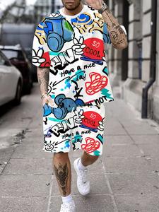 メンズカジュアルファッションTシャツ＆ショートパンツセット、カートゥーングラフィティプリント、夏向けレジャー・ストリートスタイル、S〜XXLサイズ、普段使い＆ビーチバケーション