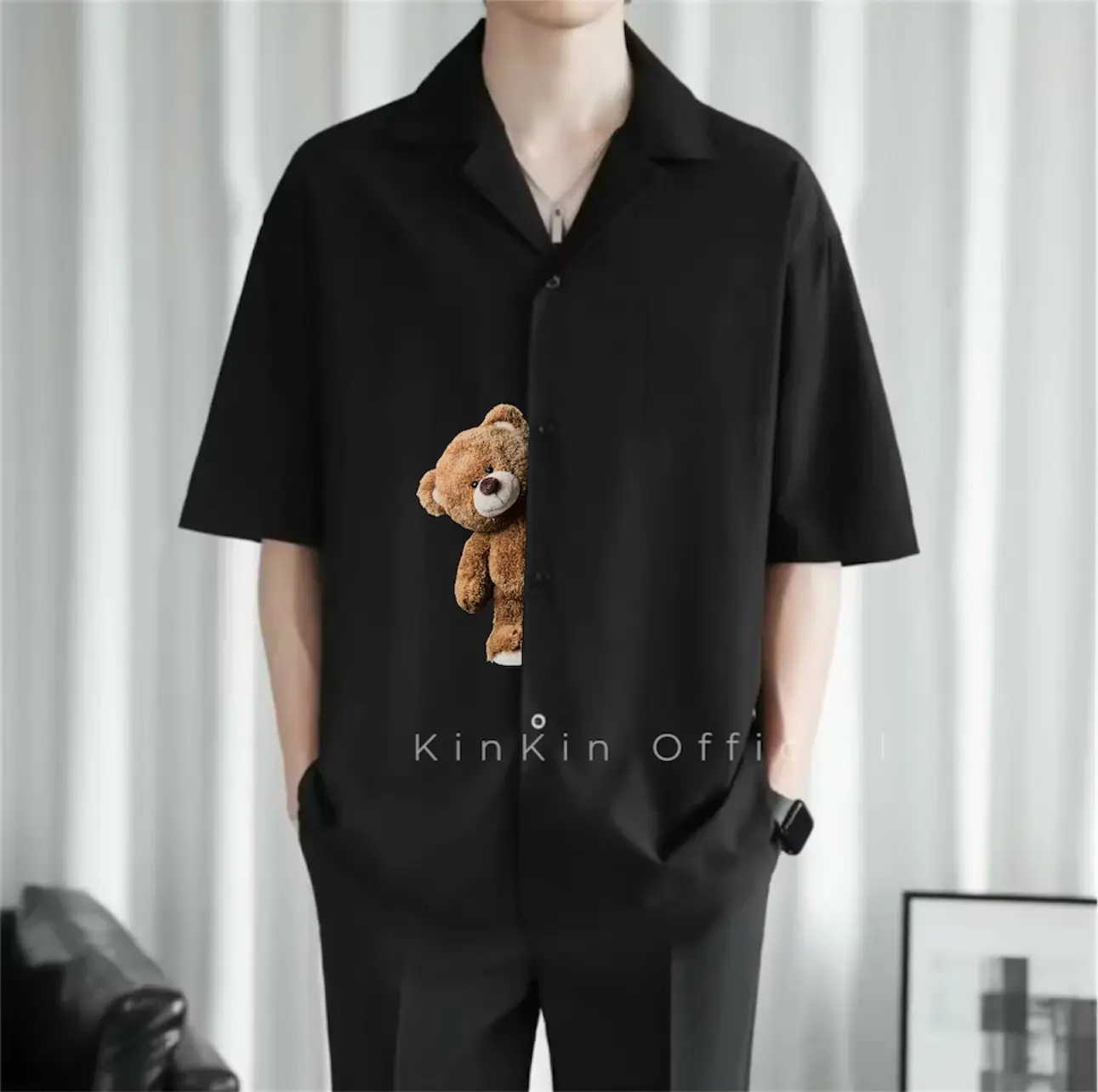 Kemeja Vintage Lengan Pendek Kemeja Motif Bear Simpel Lengan Pendek Kemeja Polos Pria Hawai Terbaru