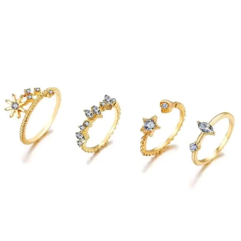 Cincin Vintage Gold Crystal | Ring Bohemian Moon Star | Rings Women Finger | Ring Wedding Retro Emas Perempuan Titanium 4