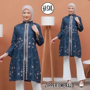 Anjani Tunik Batik Ziper Modern Wanita Nyaman Atasan Panjang HSN Navy Burgundy Emerald Mahogany