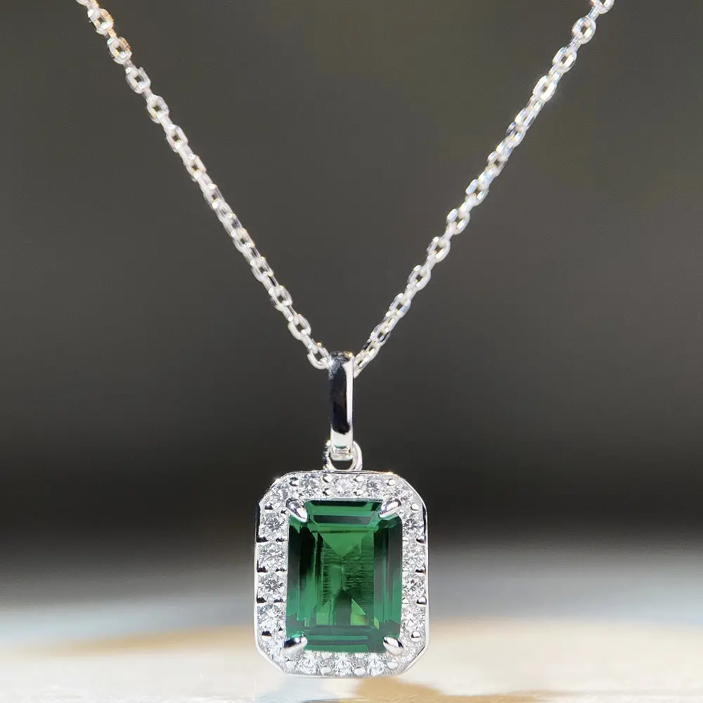 Green necklace Rectangular lady clavicle s925 silver necklace