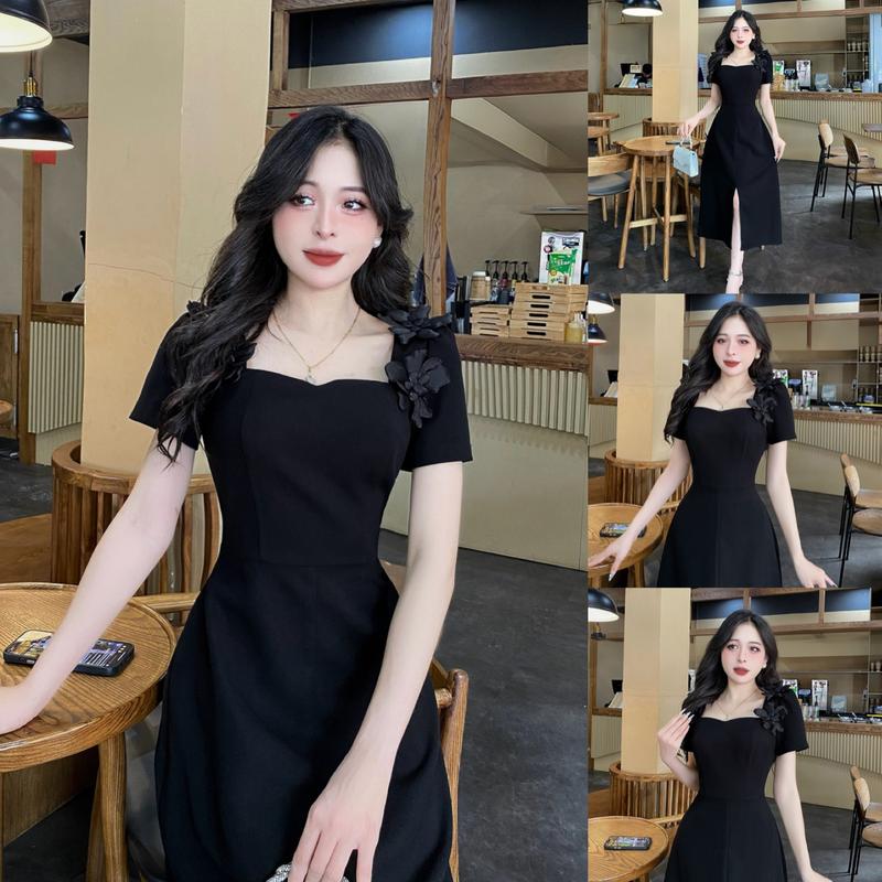 CE3 - Váy Thiết Kế Evii dành cho nữ Đầm thiết kế cổ vuông hoa cắt thủ công đính liền tạo điểm nhấn dáng A dài xẻ trước sang chảnh phù hợp đi làm đi chơi và đi dự tiệc. Có Bigsize Women Dress