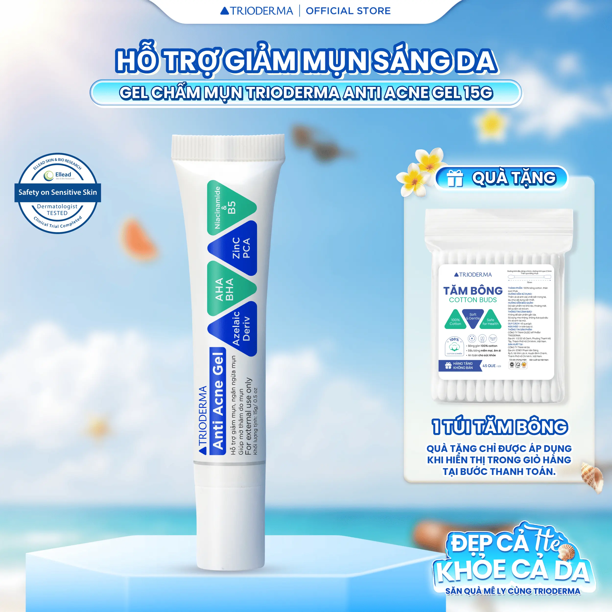 Gel Mụn Trioderma Anti Acne Gel 15g - Giúp Giảm Mụn, Làm Mờ Thâm, Hỗ Trợ Ngăn Ngừa Mụn