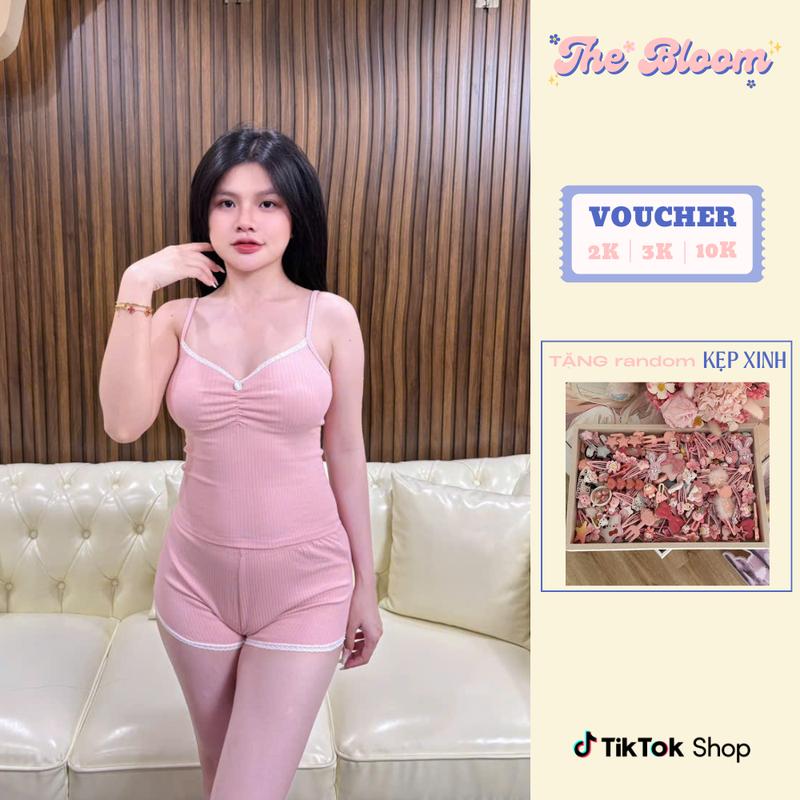 THE BLOOM Set Bộ Đồ Ngủ Nữ Ao 2 Dây Viền Ren Nhún Ngực Đính Hoa Và Quần Mini Ngắn Viền Ren Ôm Body Chất Gân Len Cotton, Bộ Đồ Ngủ Nữ Mùa Hè Ôm Body - SE029 victoria secret  pajamas