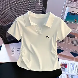 Kaus ramping lengan pendek kerah polo bordir tidak beraturan warna solid