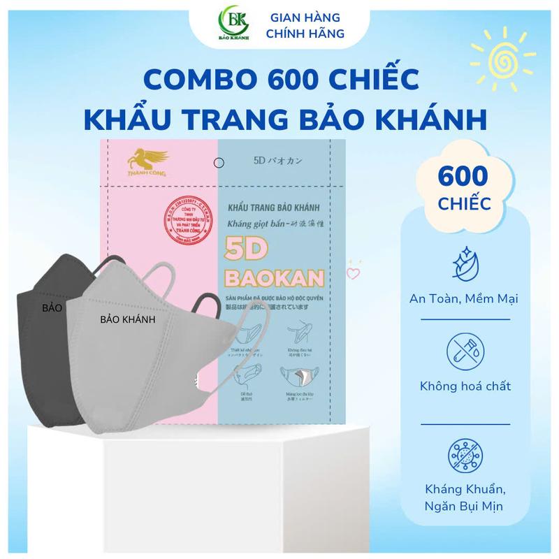  Bảo Khánh - Combo 600 Chiếc Khẩu Trang 5D 3 Lớp Chất Liệu Vải Không Dệt An Toàn Kháng Khuẩn Ngăn Bụi Mịn Size 45-75kg Mềm Mại Không Bi Bí Thở 