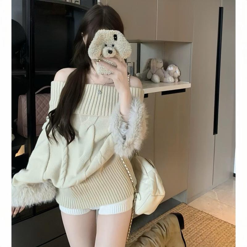 HÀNG QC Áo len kiểu nữ AL824a chất dệt kim họa tiết cổ lọ trễ vai mix lông tiểu thư dày dặn ấm áp thu đông Hàn Quốc Kozoda