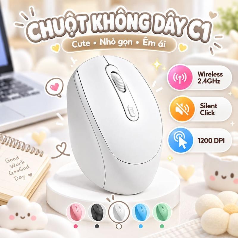 Chuột không dây C1 màu trắng kết nối Wireless 2.4G pin rời dùng làm việc chơi game văn phòng