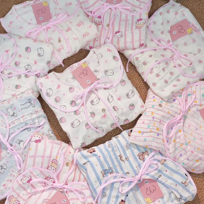 DÀI TAY Cổ SEN bộ ngủ nữ tiểu thư cổ sen vải đũi bông mây mùa thu mặc đi ngủ thoải mái Women Quần Ngủ Áo Ngủ Cotton