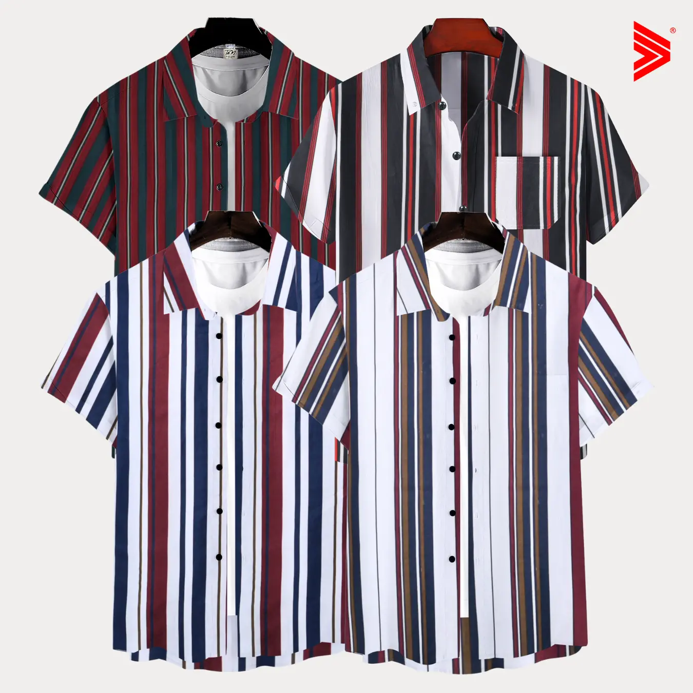 Tiagan99 Kemeja Motif Salur Pria Wanita Lengan Pendek Katun Merah Maroon All Colours