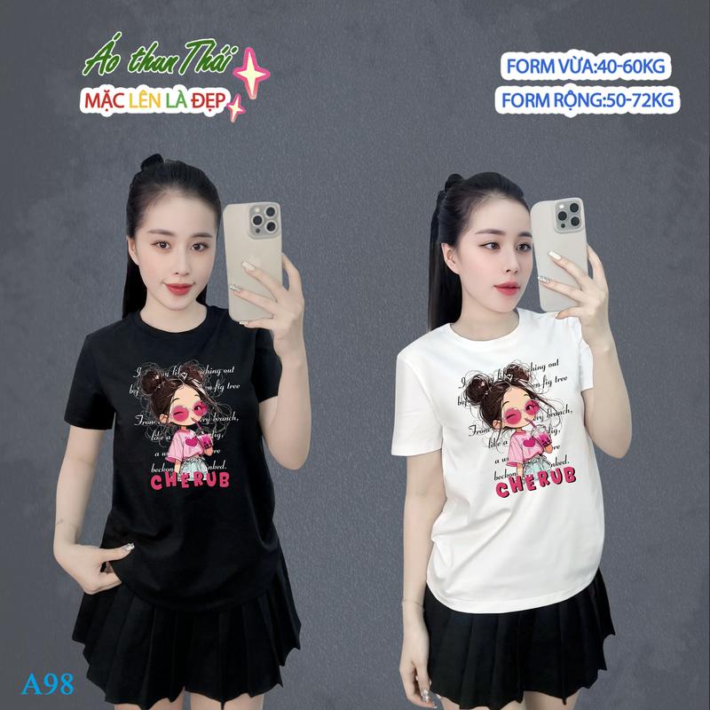  Áo Thun thái nữ  Bé cherub A.98  trơn Form vừa 40-60kg Form rộng 50-72kg Top Áo Cổ Tròn Women Cotton mềm mịn mát 