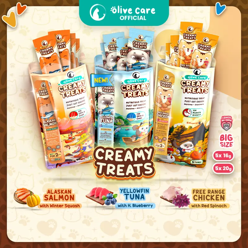Olive Care PAKET CREAMY TREATS 16gr & 20gr Isi 5pcs Snack Cemilan Kucing Bernutrisi dengan Daging Ayam/Salmon/Tuna Asli with Red Spinach/Winter Squash/Highbush Blueberry 0