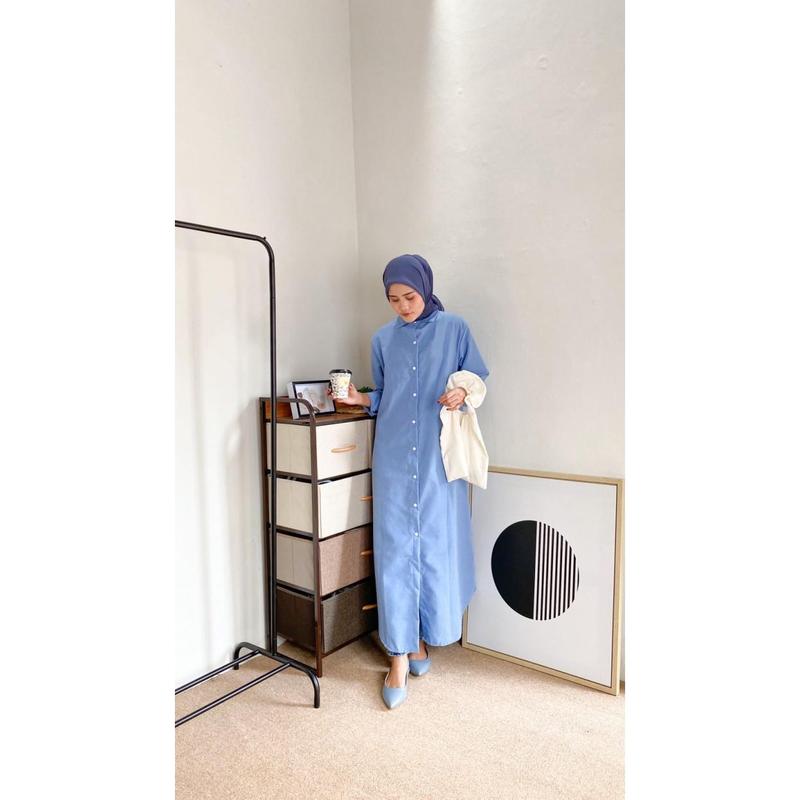 Shirt Dress Muslimah/Dress Kemeja Panjang/maxi Dress Polos kasual - denim blue, One Size 0