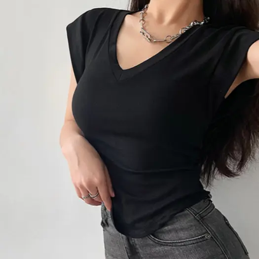 【Premium】Women's Basic V Neck Cap Sleeve Crop Top T-Shirt 2810 (S/M/L)