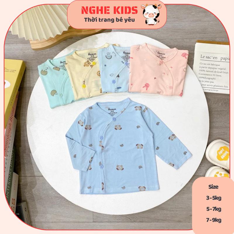  Combo 5 Áo dài tay màu sơ sinh khuy chéo cho bé trai bé gái thun peptit mềm mại Avalew 