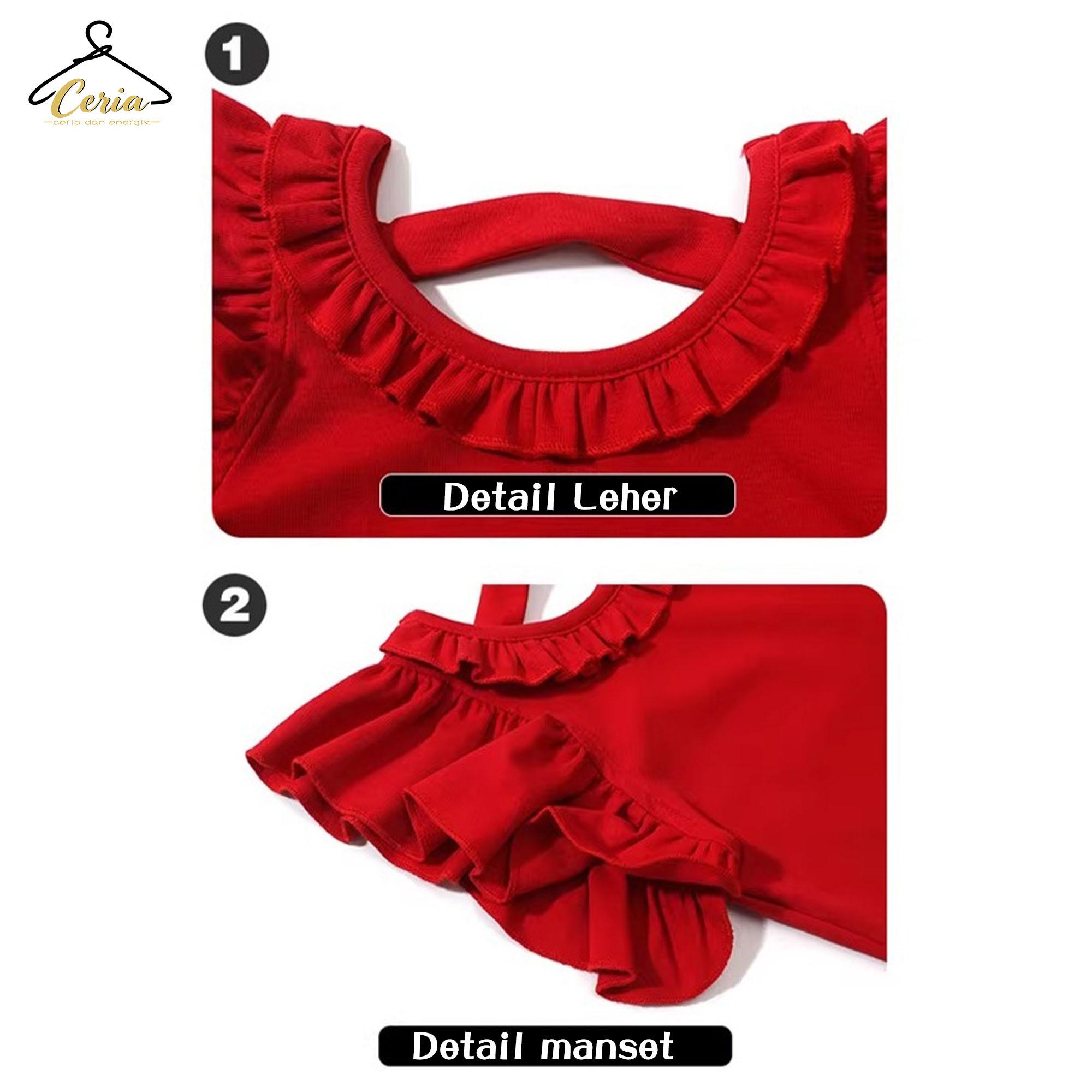 Ceria-Set Rok Angin Dopamin Anak Perempuan / Set Anak Perempuan Kotak-kotak Merah / Atasan Lengan Rumbai dan Rok Mengembang Dua Potong