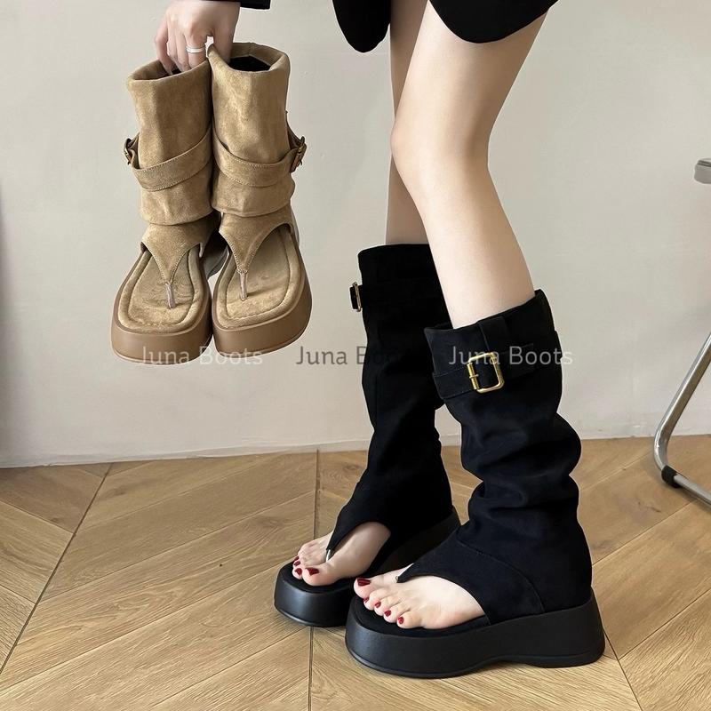  Giày bốt nữ xỏ ngón đế độn tôn dáng phong cách Flip - Flops Cowboy - Giày Sandal ống cao da lộn cao bồi nữ tính 