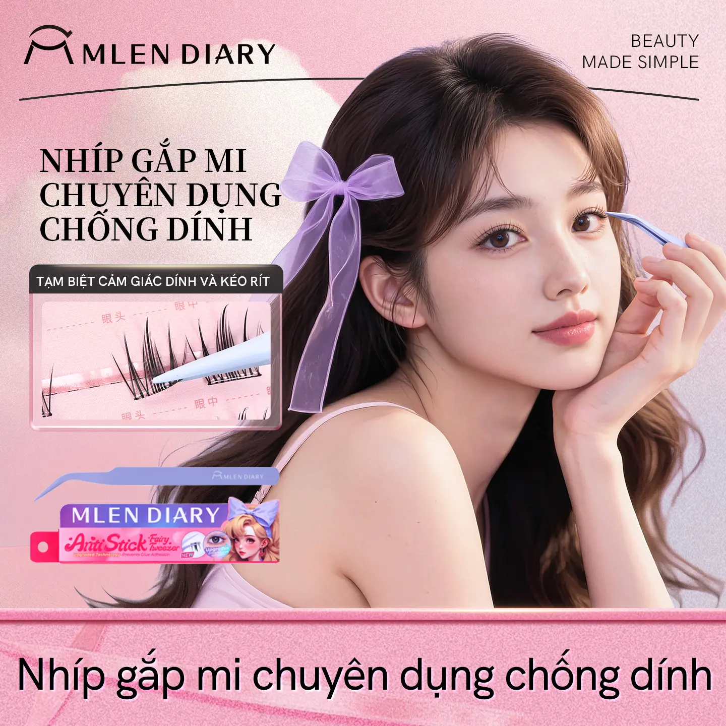 Mlen Diary - Nhíp không dính keo - Nhíp chuyên dụng cho mi giả - Mi giả chống dính không cần keo - Kẹp độ chính xác cao - Dụng cụ gắn mi - Dụng cụ cho thợ nối mi - Dụng cụ trang điểm cho người mới bắt đầu