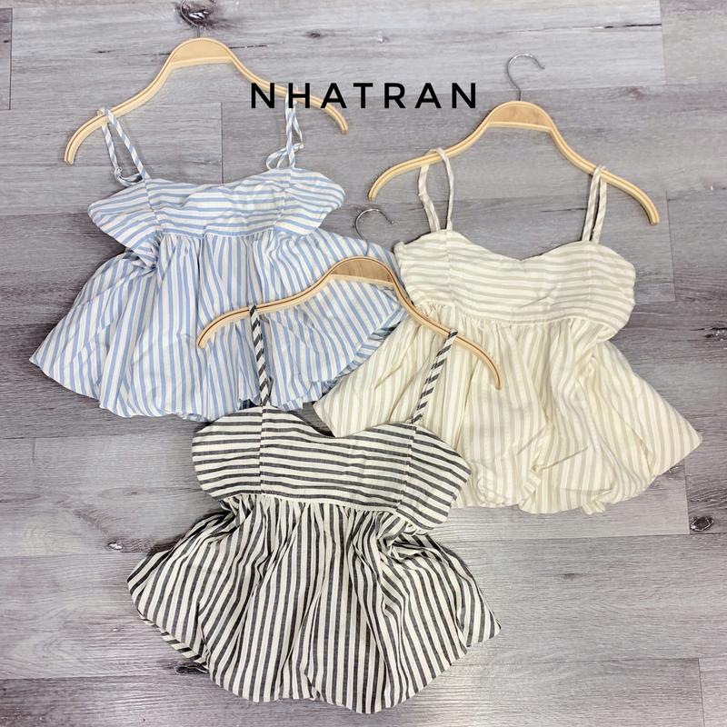 nhatran - Áo hai dây sọc peplum xòe phồng hai lớp phom xinh tiểu thư Women XUE
