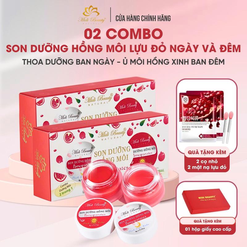 Combo Ngày Đêm Kèm Cọ+1 Mask Son Dưỡng Hồng Môi LỰU ĐỎ 6G Midi Beauty: Dưỡng môi mềm mịn hỗ trợ giảm thâm và hồng môi. Mua 02 Tặng Hộp Giấy Đỏ Cao Cấp Làm Quà Tặng Mua 03 Combo Tặng 01 Tẩy Da Chết Môi 10G+Hộp Giấy Đỏ Cao Cấp Skincare Nữ Nam