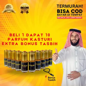 Kasturi Kijang Murni 100% Non Alkohol – Minyak Wangi Sunnah Best Seller Untuk Ibadah | Aroma Soft & Elegan | BONUS Tasbih Al Arabia | Paket Hemat 10 Botol